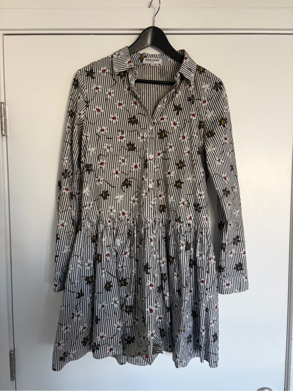 Opening Ceremony Black and White Striped Floral Button-Up Shirt